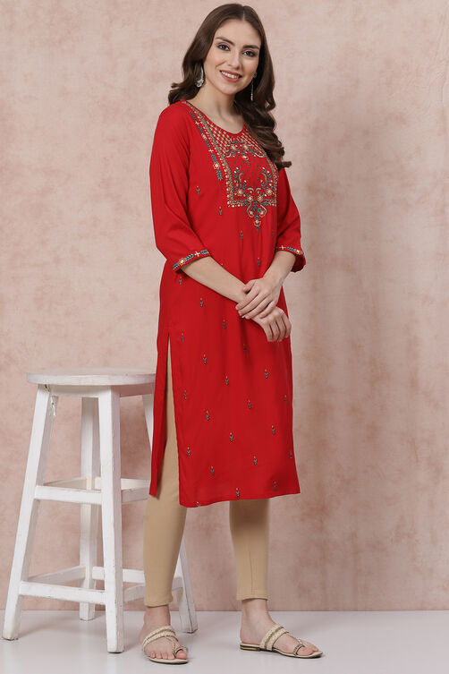 Red LIVA Straight Kurta image number 5